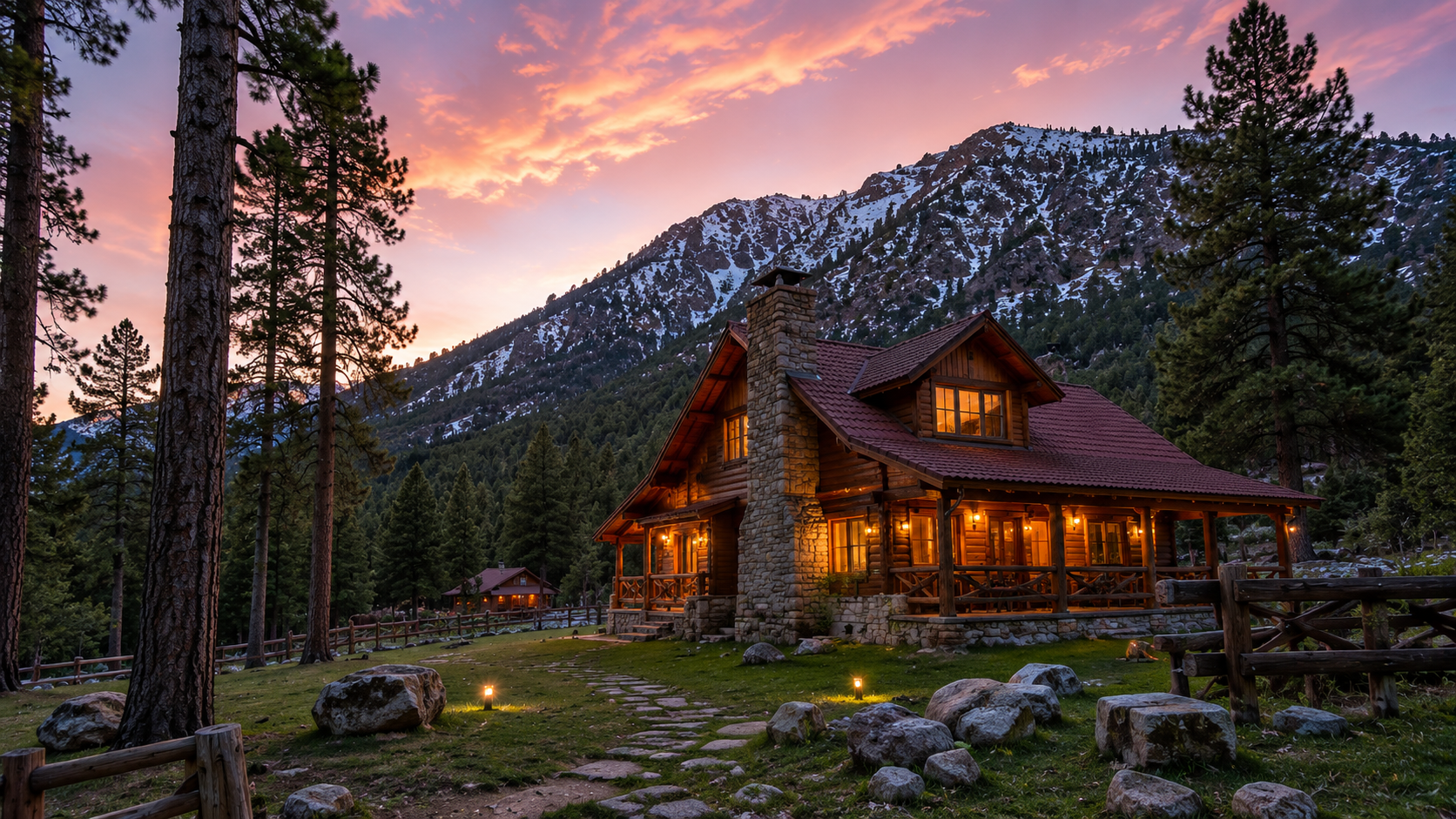 Cabaña de madera al atardecer entre pinos y sierra.